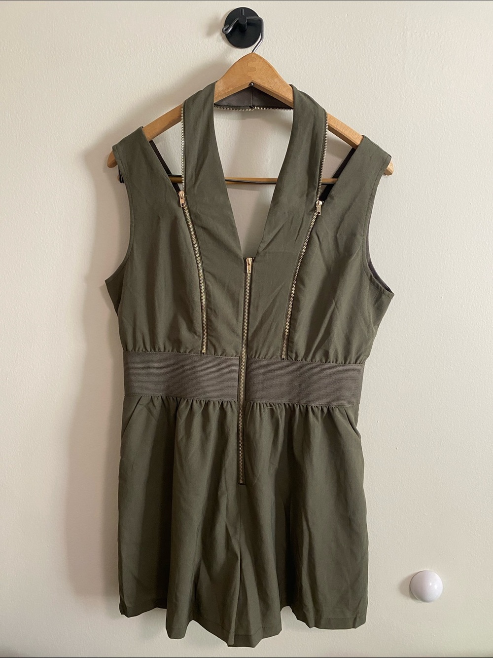 Sleeveless Army Green Romper w/ Gold Zippers & Pockets